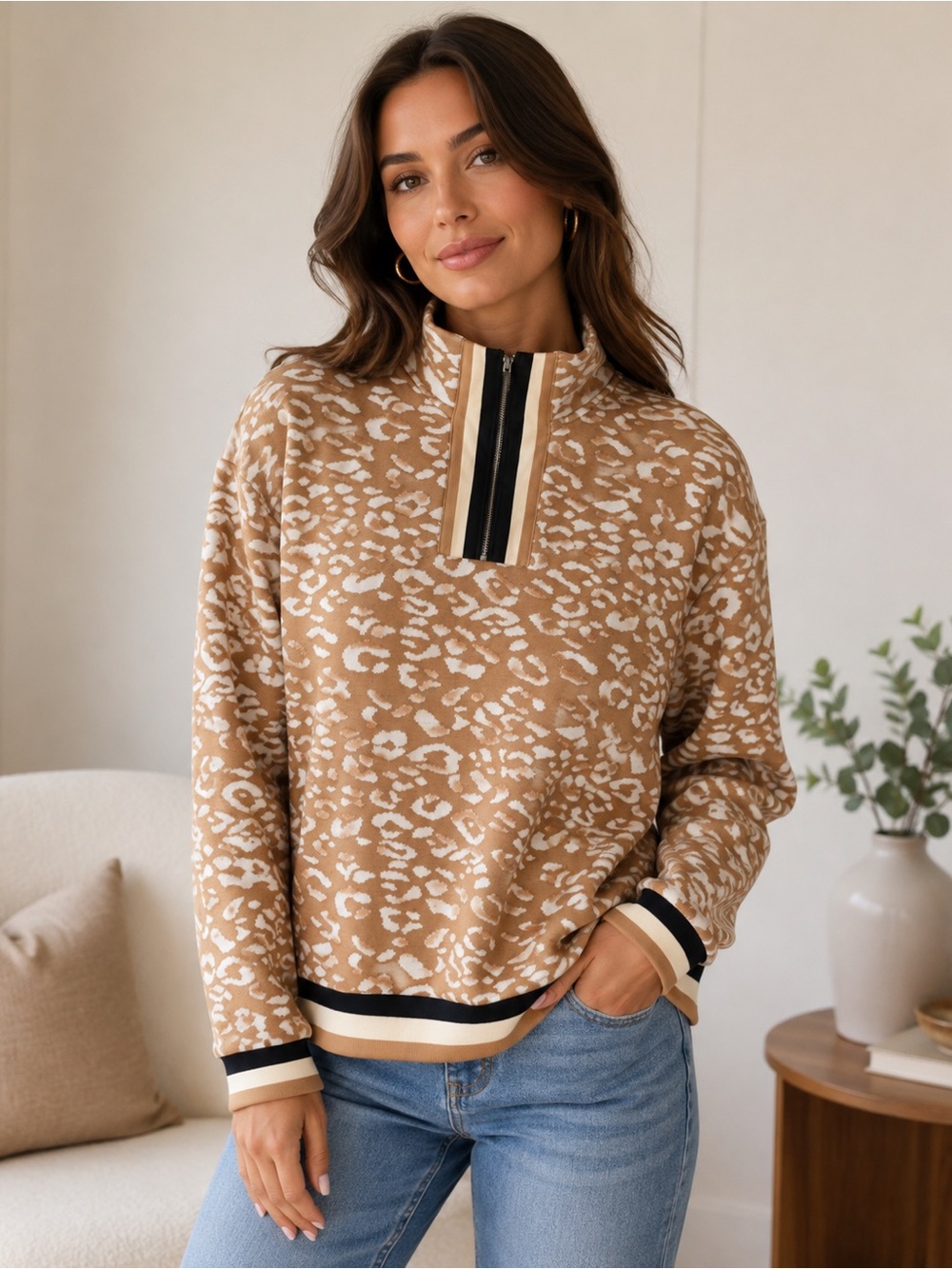 Jodifl Tan and Cream Leopard Print Half-Zip Pullover NWOT Small